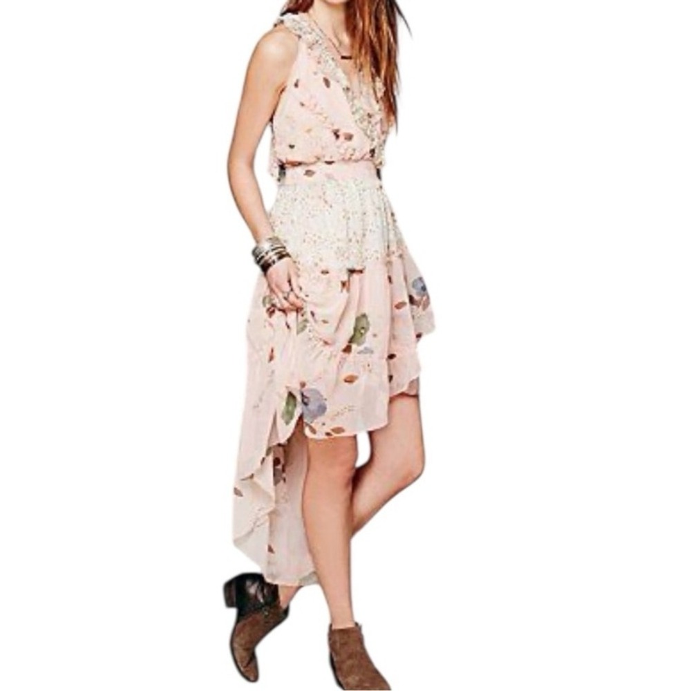 Free People Mixed Print Floral Sleeveless Tiered High Low Dress Size Small Fairy